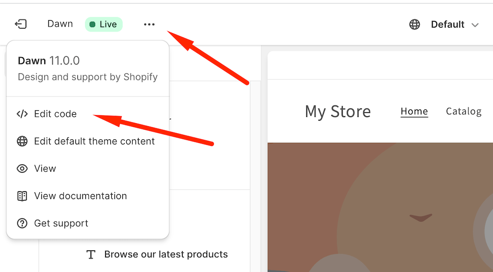 Shopify пункт меню 'Edit code'