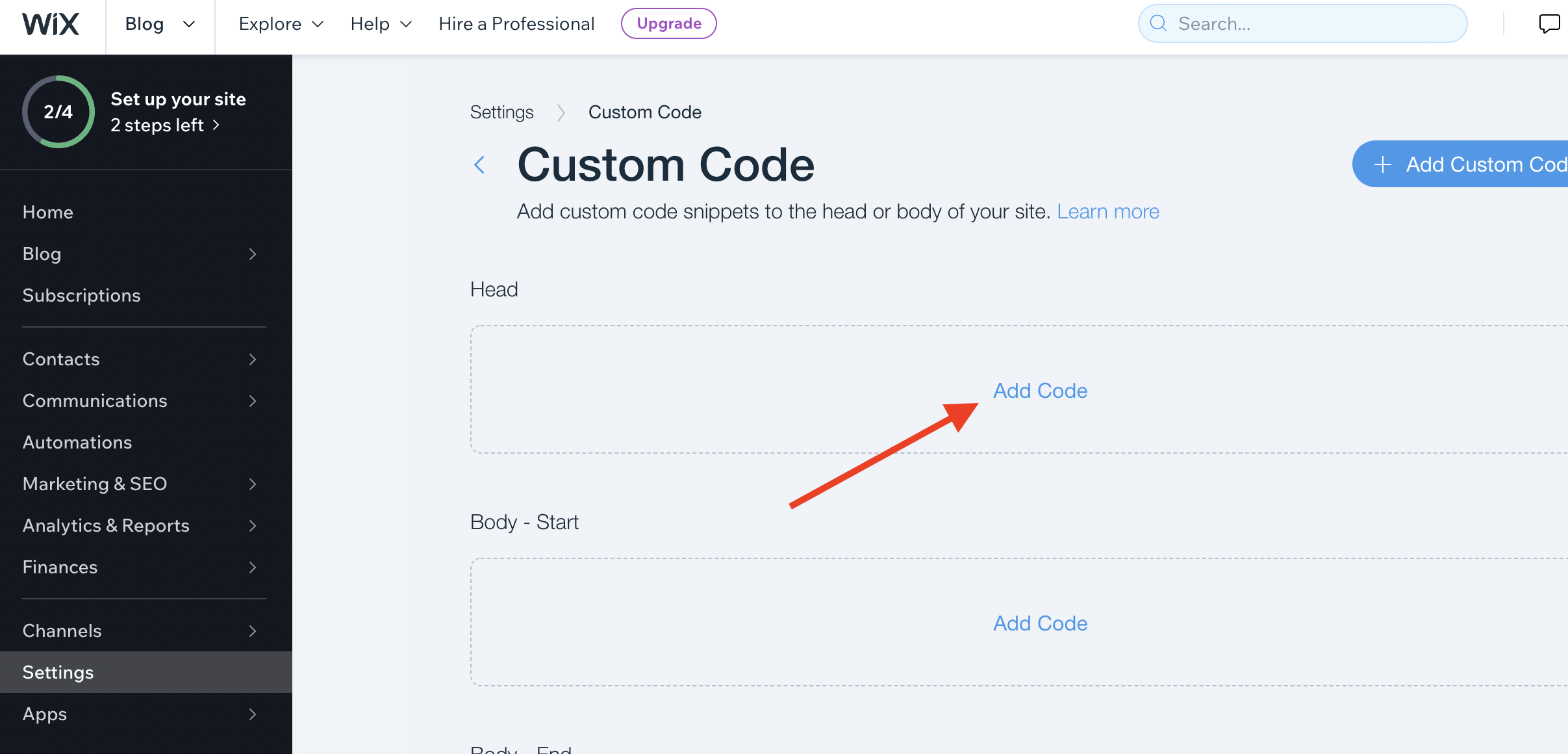 Wix site editor screenshot: 'Add code' button