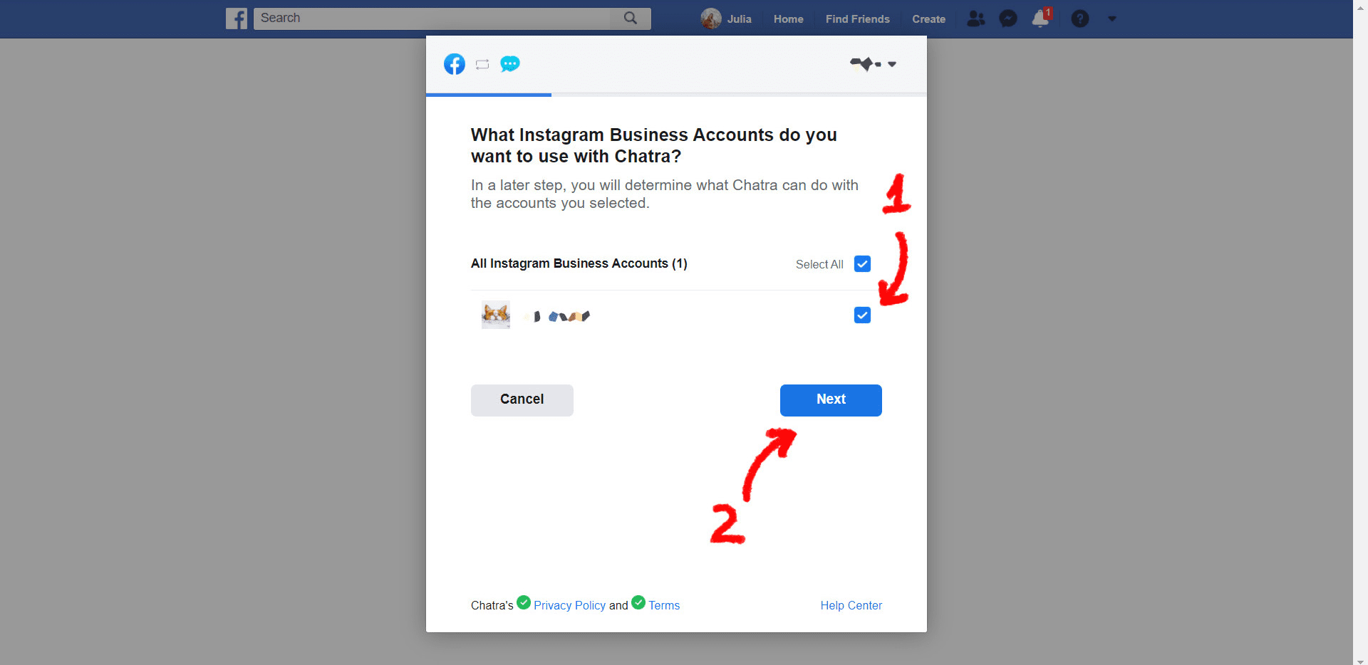 Instagram integration. Facebook 'Next' button