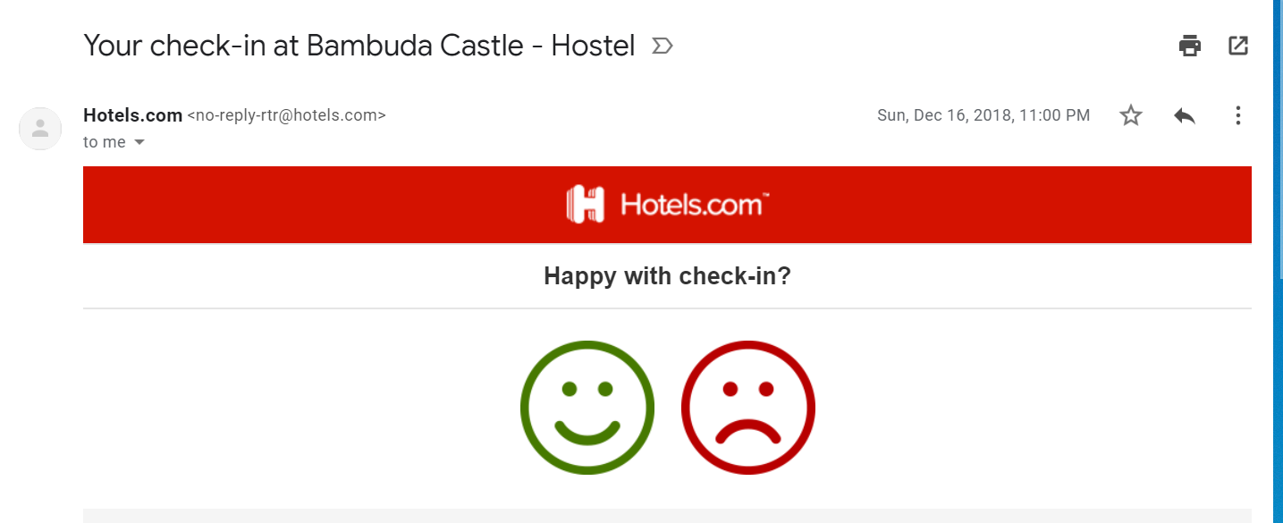 Hotels.com emails guests after their suggested check-in time