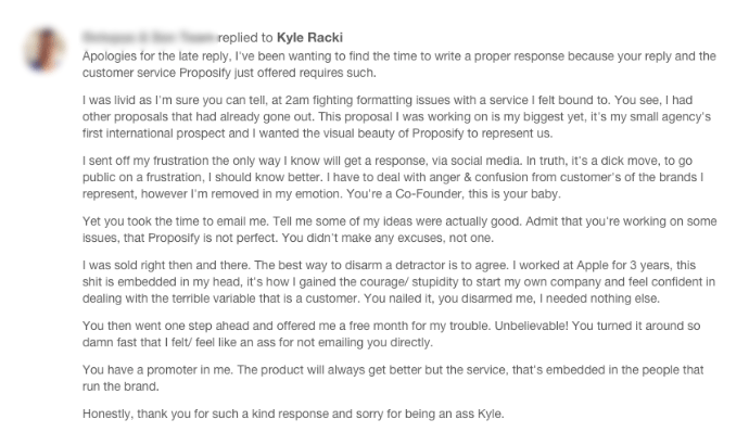 Amazing response to the Proposify team from their original angry customer